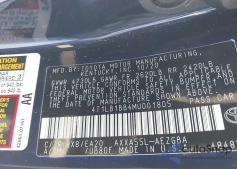 2021 Toyota Avalon Xle Awd from USA, damaged, VIN 4T1LB1BB4MU001805